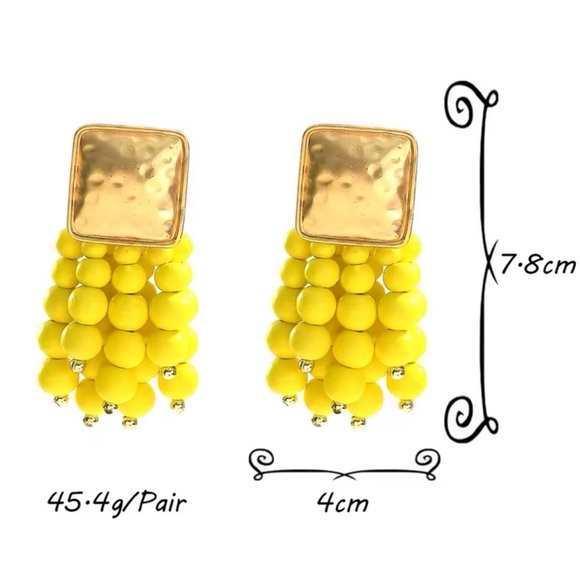 Zara Bold Yellow Beaded Statement Earrings with Gold Hammered Tops - Picture 5 of 9